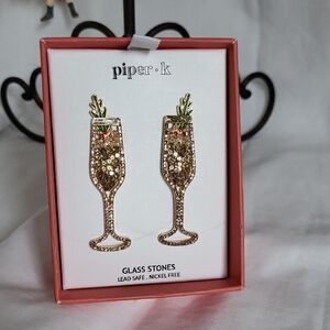 Piper K Celebration Champagne Glass Rhinestone Beaded Pearls Stud Earrings